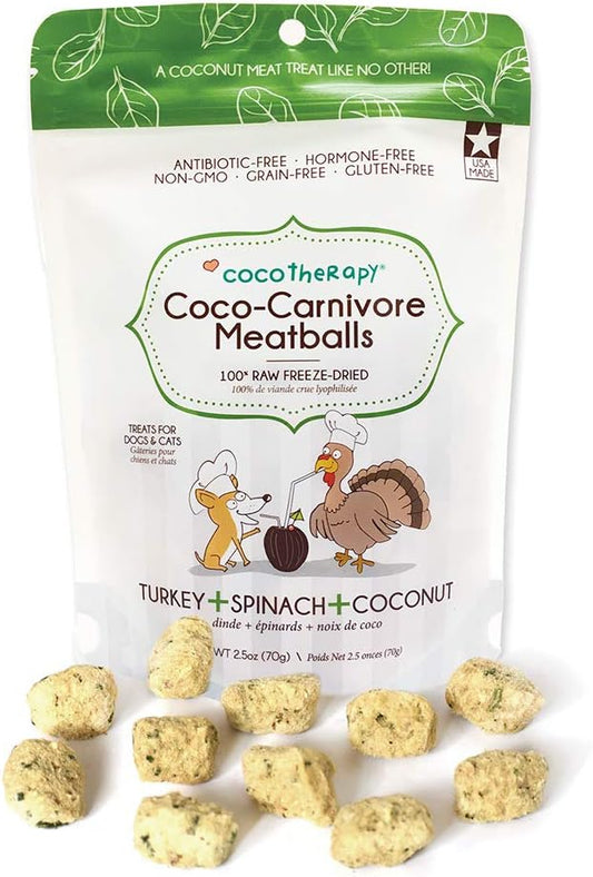 CocoTherapy Coco-Carnivore Meatballs, Freeze-Dried, Turkey+Spinach+Coconut, 2.5oz